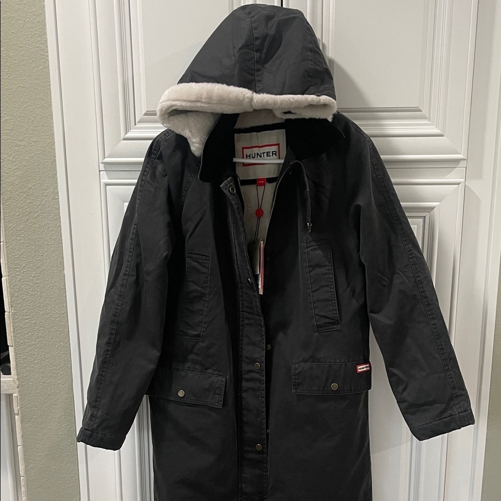 NWT HUNTER long winter hooded coat Ellie Waxed Like Padded Parka Black M - Picture 4 of 17